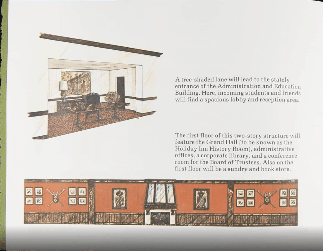 Archival Holiday Inn University brochure illustration of the administration building